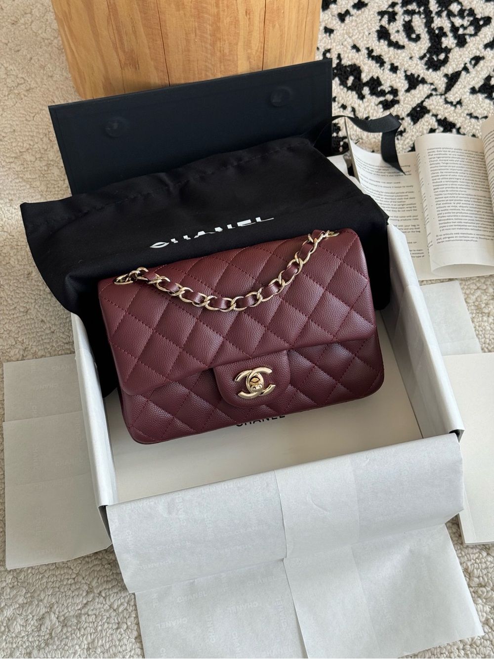 Quilted Shoulder Bag in Burgundy with Gold Hardware